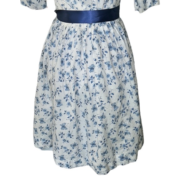 The Villager Vintage 60s Blue White Butterfly Floral Belted Button Down Dress XS - Picture 7 of 10